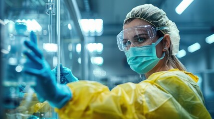 A healthcare worker disinfecting medical equipment, focusing on infection control and safety