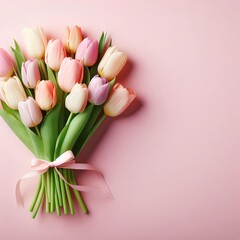 Fototapeta premium Pastel-colored tulip bouquet on pink backdrop for springsummer holidays.