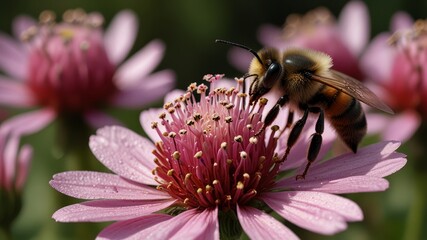 Fototapeta premium Bee Pollinating Pink Flowers