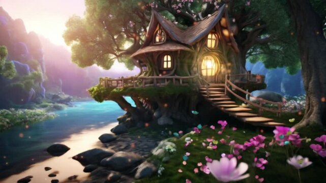 A tree house in a fairy tale land is located beside a beautiful river. There are fireflies flying around the tree house.