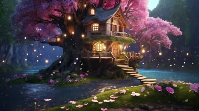 A house in a big cherry blossom tree, there is a river beside the tree house. There are fireflies flying around the tree house.