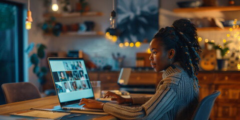 A young african woman sits at her desk in a home office, using a laptop for a video call with several other people on the screen.