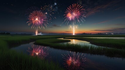 Landscape of fireworks, anime-style illustration of fireworks reflected in rice fields.