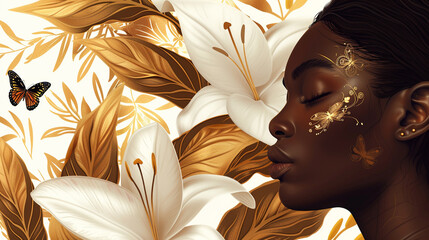 Beautiful young black  woman with flowers and petals on her face. White  background. Beauty parlor vertical banner concept,
