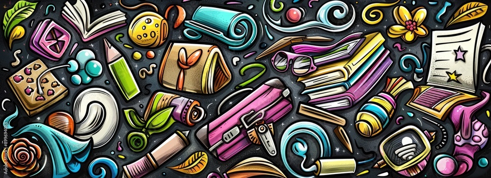 Wall mural Vibrant Cartoon Collage of Everyday Items