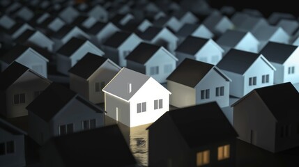 Fototapeta premium A white house glowing in the dark around grey houses showcasing real estate investment, illuminated property, housing market