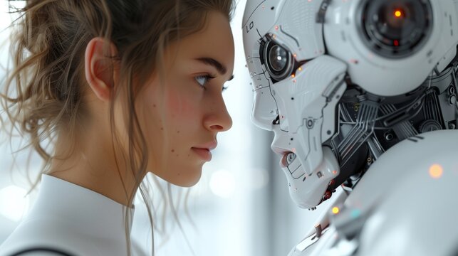 Woman Gazing at Robot With Curiosity and Affection