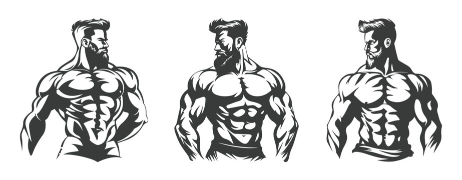 collection Illustration of Muscular Men Isolated on White ,generative ai