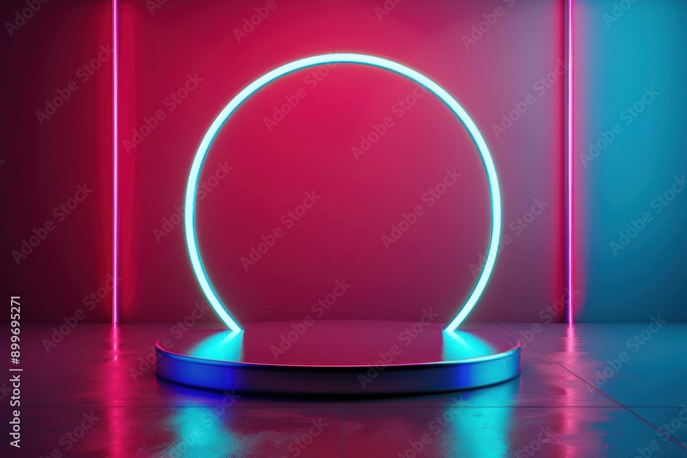 Poster minimalist 3d render of a podium with neon lights. perfect for product display.
