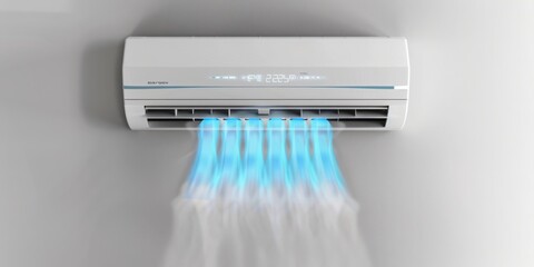Chilled Efficiency: Modern Air Conditioner Delivering Cool Air with Blue Stream Visualization