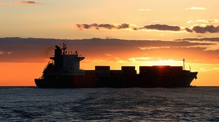 A cargo ship silhouetted against a vibrant sunset, creating a beautiful maritime scene on the horizon.