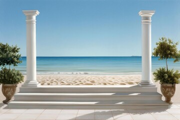 Two white columns frame a view of the ocean and beach.