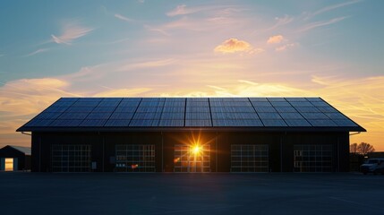 Fototapeta premium A modern building with solar panels reflects the sunset, showcasing sustainable energy practices and innovative architecture.