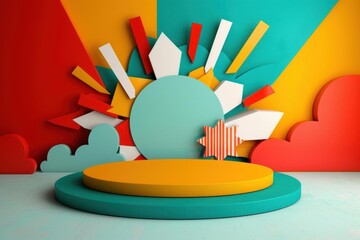 Podium with a retro comic book background, bold lines, pop art, vibrant colors