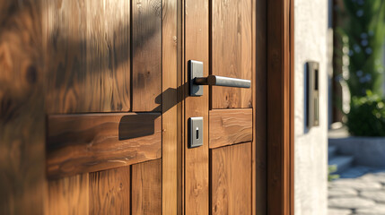 a modern wooden door with a sleek metal handle, partially open to reveal a glimpse of a contemporary home interior