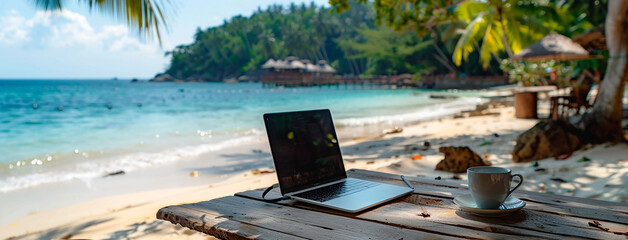 wide horizontal traveller background banner image of isolated laptop and a coffee cup on a tropical beach resort table in sunny day of summer holiday 