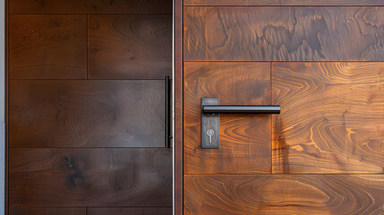 a modern wooden door with a sleek metal handle, partially open to reveal a glimpse of a contemporary home interior