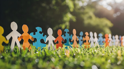 a line of paper cut-out figures standing hand-in-hand on a grassy surface, with one figure of multicolored puzzle pieces