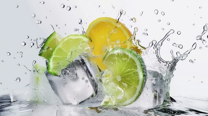 Splashing Citrus with Ice Cubes - Refreshing splash of citrus slices with ice cubes in clear water, capturing the essence of summer in vibrant detail.