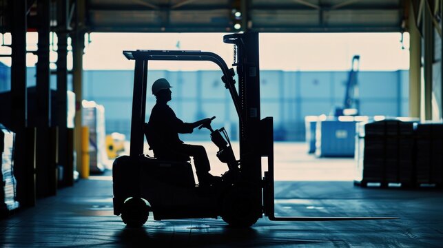 Silhouette of a forklift operator inside a warehouse, showcasing industrial equipment in action with a focus on logistics.