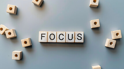 white Scrabble tiles arranged to spell out the word "FOCUS" against a neutral background