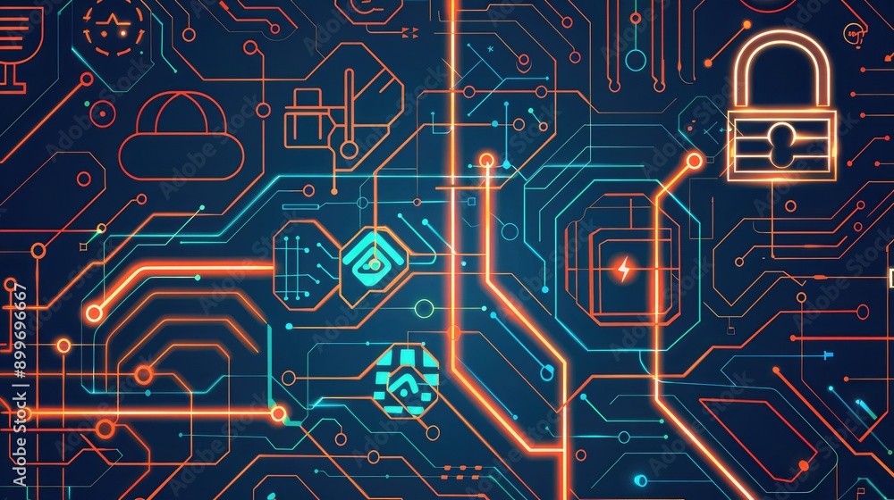 Poster cybersecurity icons on an abstract circuit board background, symbolizing protection in digital netwo