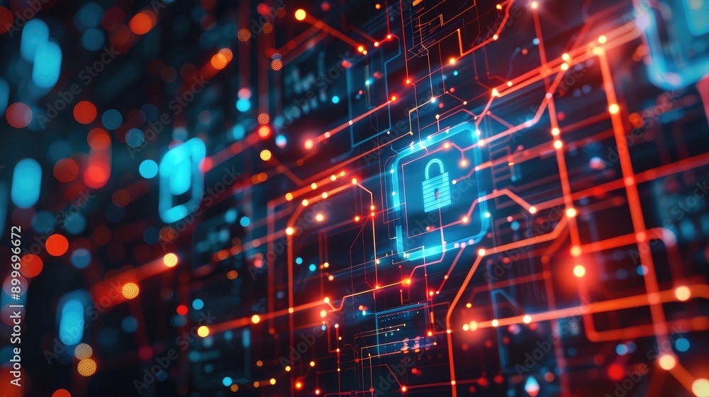 Poster cybersecurity icons on an abstract circuit board background, symbolizing protection in digital netwo