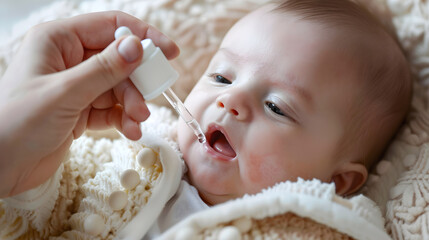 infant care as an adult hand carefully administers medicine to a baby