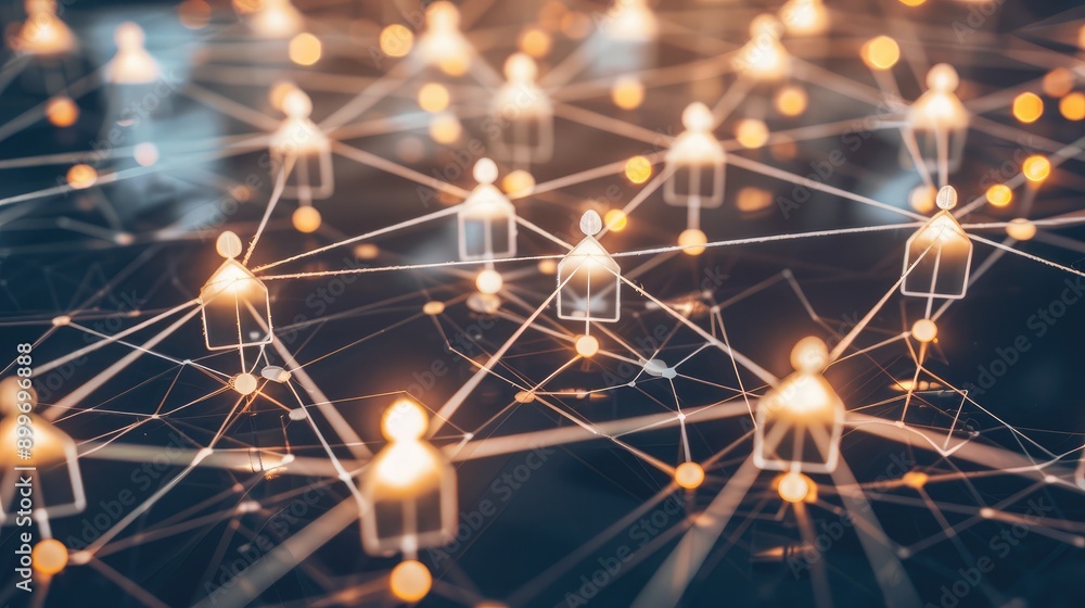 Poster digital network of connected nodes, representing teamwork and communication.