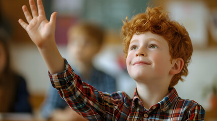 a young student with red hair eagerly raises his hand, ready to contribute or ask a question