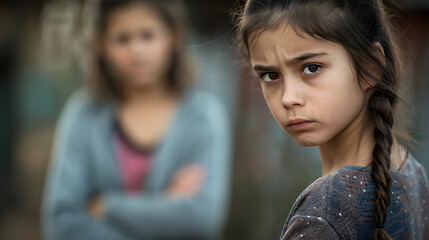a stern-looking mother and her visibly upset daughter