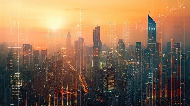 Double exposure of a city skyline and financial graphs, representing urban investments and economic growth.