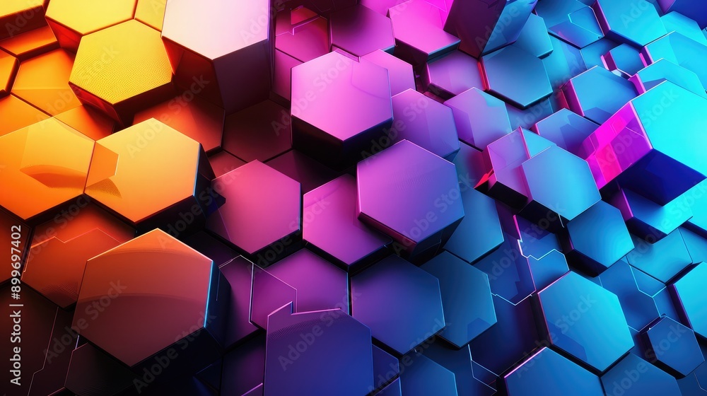 Poster dynamic 3d background with overlapping hexagons and vibrant colors, representing technological compl