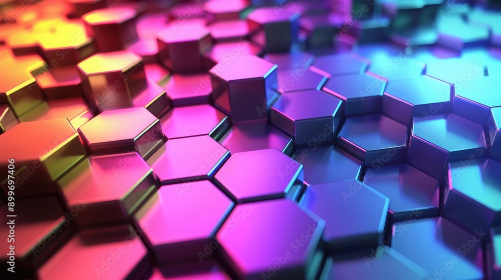 Poster dynamic 3d background with overlapping hexagons and vibrant colors, representing technological compl
