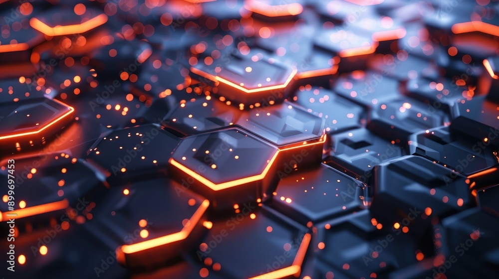 Poster dynamic 3d background with overlapping hexagonal shapes and light effects, illustrating technologica