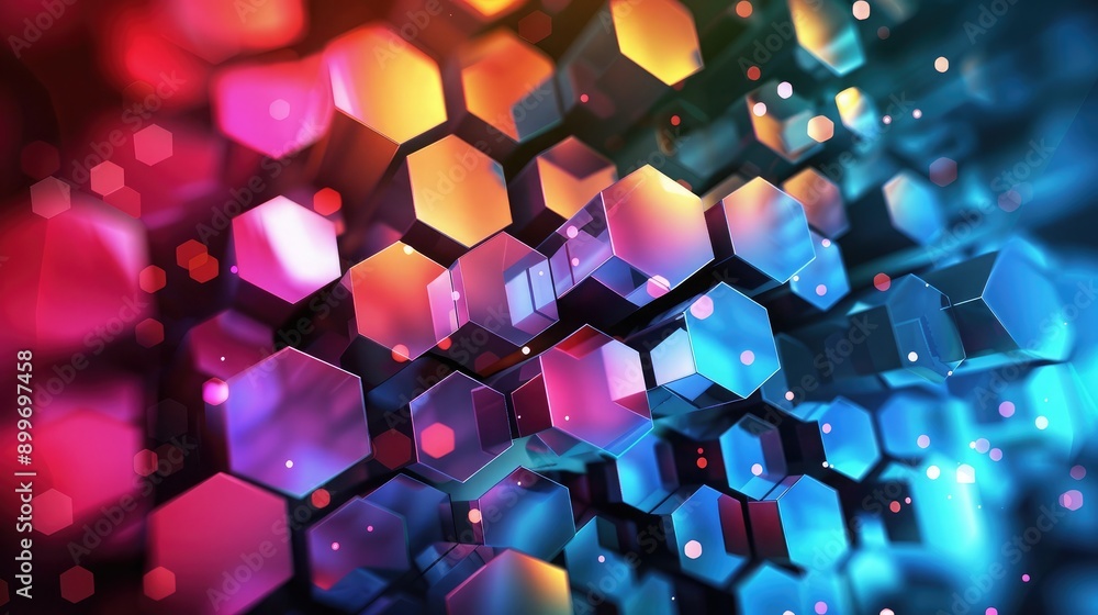 Poster dynamic 3d background with overlapping hexagons and vibrant colors, representing technological compl
