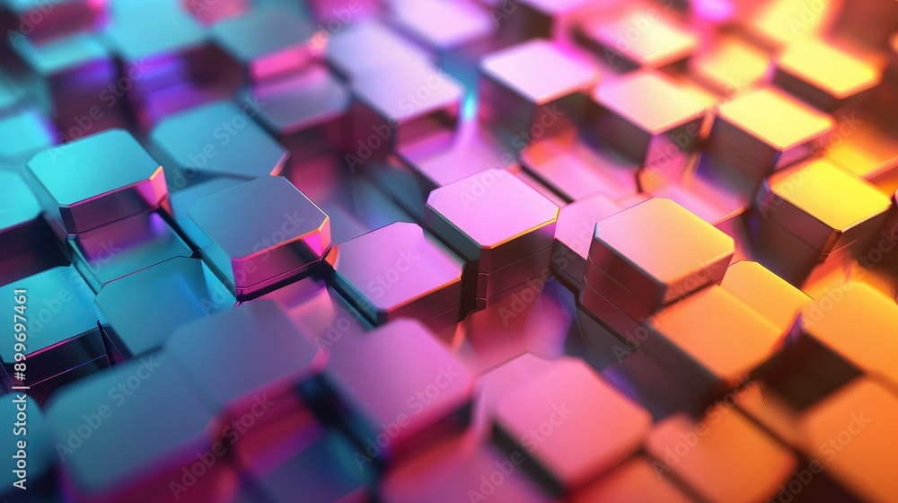 Poster dynamic 3d background with overlapping hexagons and vibrant colors, representing technological compl