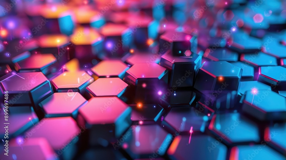 Poster dynamic 3d background with overlapping hexagons and vibrant colors, representing technological compl