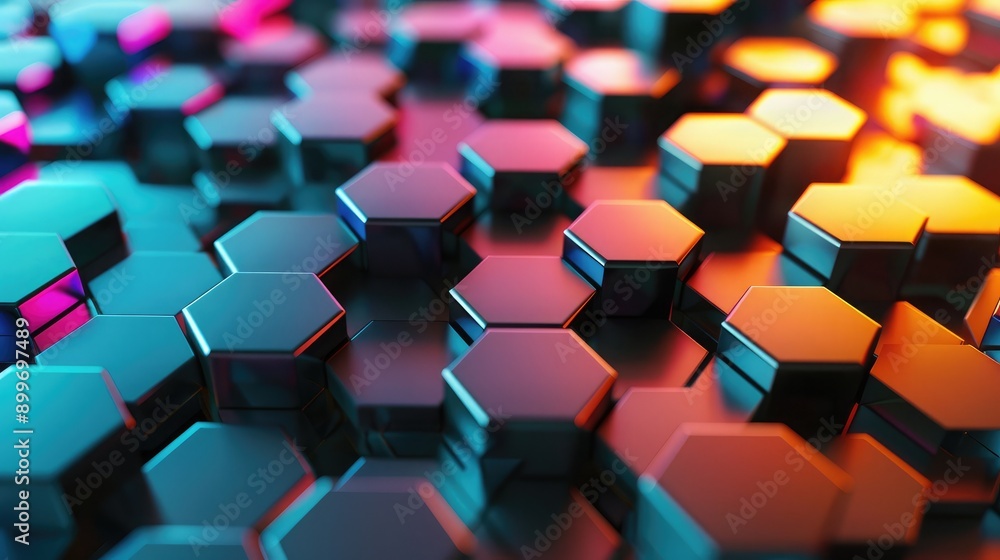 Poster dynamic 3d background with overlapping hexagons and vibrant colors, representing technological compl