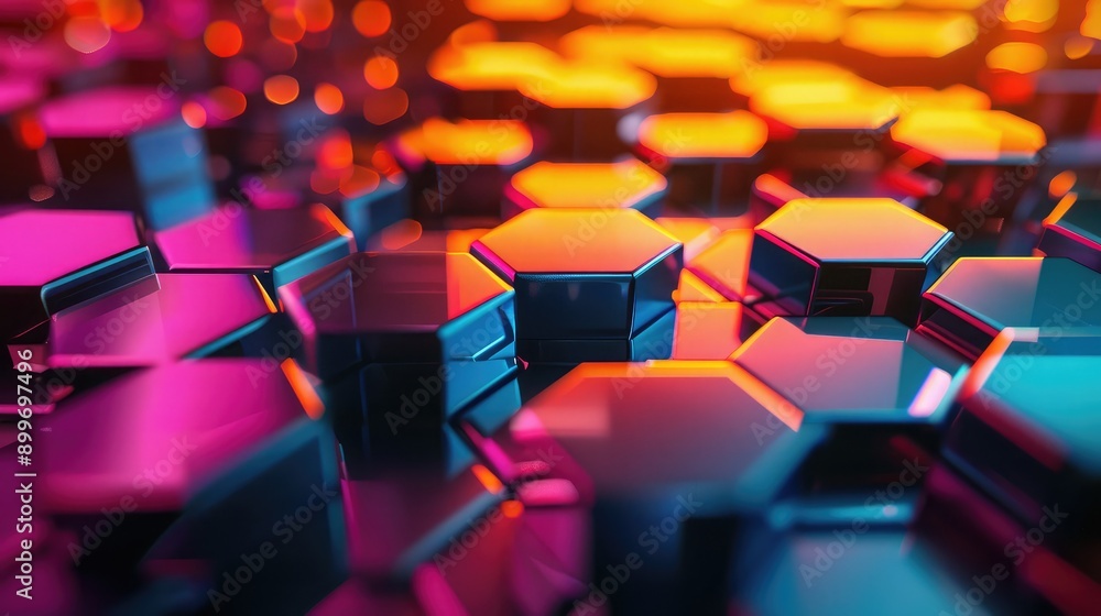 Poster dynamic 3d background with overlapping hexagons and vibrant colors, representing technological compl
