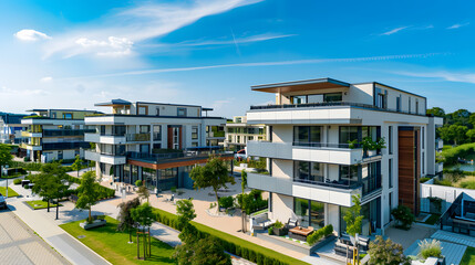 Obraz premium Luxury residential buildings with green spaces and blue skies