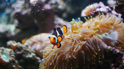 An underwater shot of a reef tank with clownfish swimming among anemones.