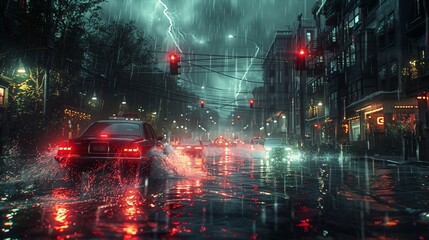 Cars Navigating a Stormy City Street at Night