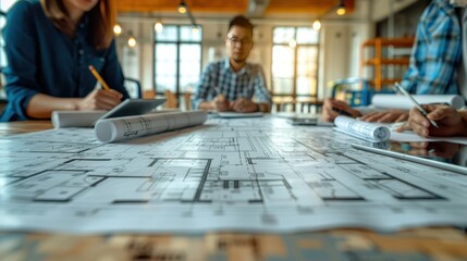 Collaborative Meeting of Engineers and Architects with Blueprints and Tablets