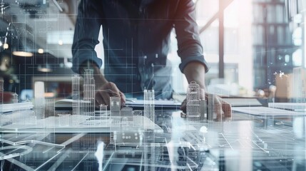 Architect at work with digital overlays of building designs and completed structures, symbolizing the creative process.