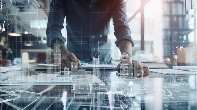 Architect at work with digital overlays of building designs and completed structures, symbolizing the creative process. - Powered by Adobe