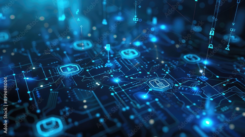Poster blue abstract background with network security symbols, representing safe and secure digital environ