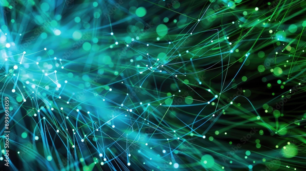 Poster blue and green network technology background with data flow patterns, illustrating modern communicat