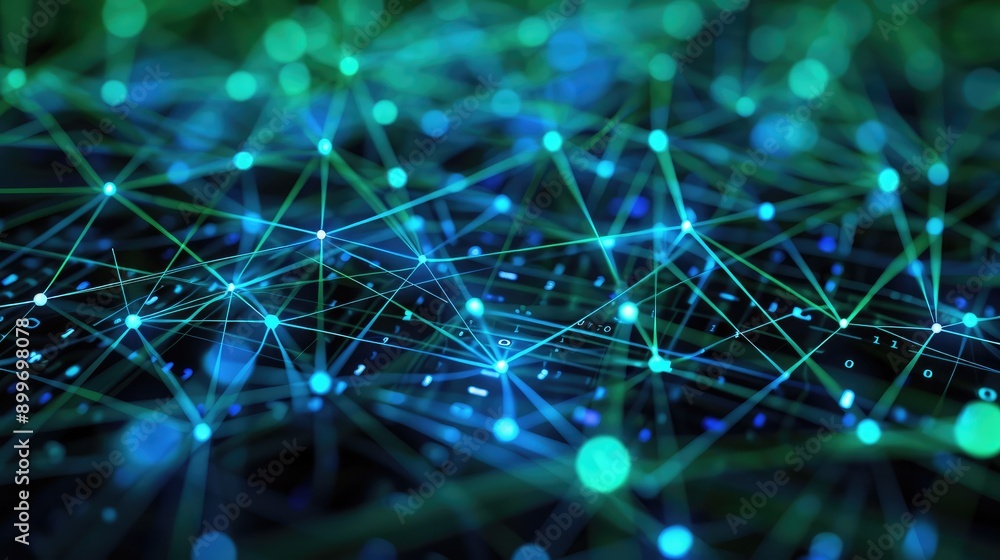 Poster blue and green network technology background with data flow patterns, illustrating modern communicat