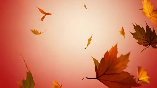 Autumn falling leaves on red background. Autumnal foliage fall and poplar leaf flying in wind motion blur. Autumn design. Templates for placards, banners, flyers, presentations, reports. 4k video